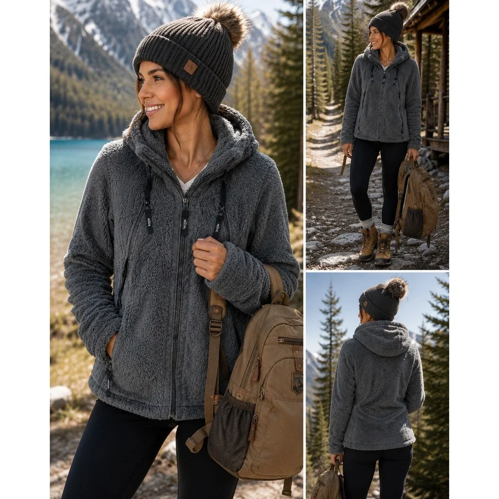 KUHL Flight Jacket Womens Large Grey Fleece Full Zip Hooded Coat 2015 Charcoal